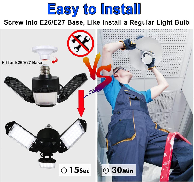 [Australia - AusPower] - LED Garage Light, 80W 8000 Lumen LED Garage Ceiling Lights with 3 Adjustable Panels E26/E27 LED Shop Lights, 6500K Daylight Light Bulb Fixture LED Lights for Garage, Workshop, Attic, LED Bay Light 80W 1Pack 