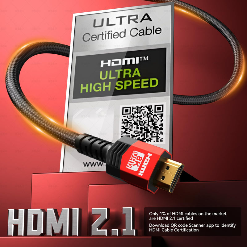Fiber Optic HDMI 2.1 Cable 50FT,48Gbps Ultra High Speed Braided Uni-Directional Cord-8K@60Hz 4K@120Hz/144Hz HDCP 2.2&2.3 eARC DTS:X HDR10 VRR Compatible for RTX 5090/PS5/Xbox X/S/TV etc Red 50 ft