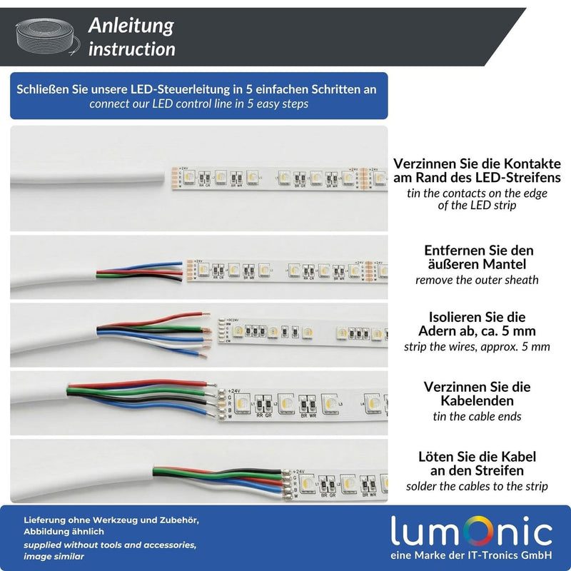 Lumonic 5 x 0.34 mm² RGBW LED Control Cable, Black, 5 m, Sleeved 5-Core Cable, Flexible, LiYY Extension, Power Cable, LED Cable, Control Cable 5 metres