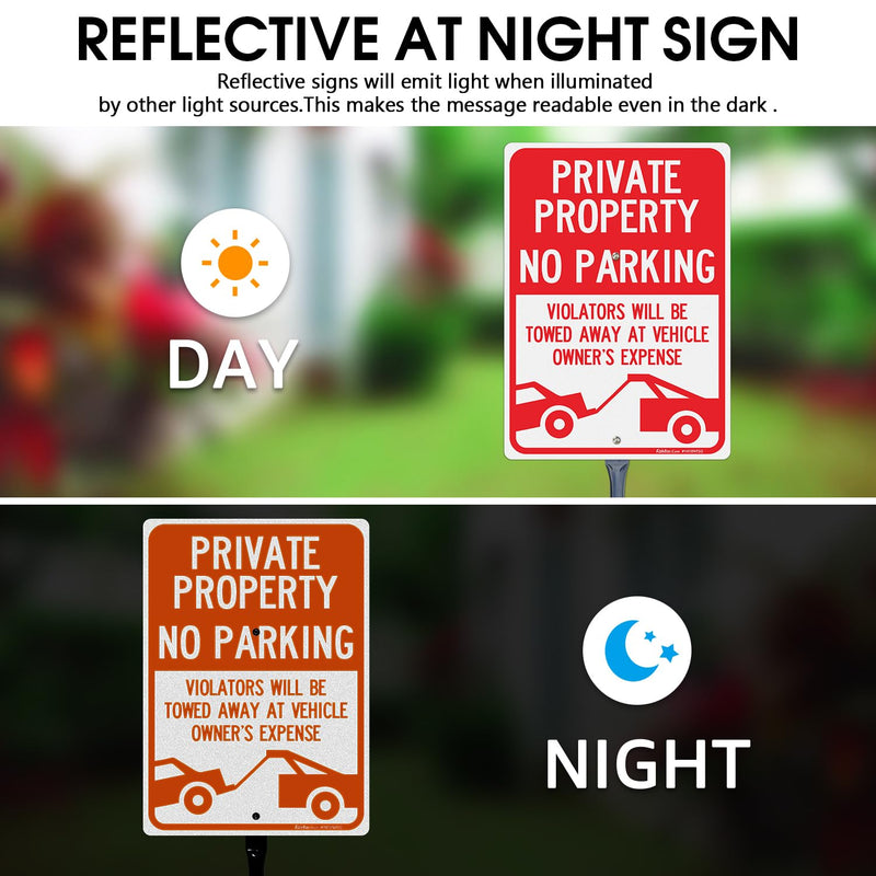 Faittoo Large Private Property No Parking Sign with 54" Metal Thick Stake, 14"x10" Vehicle Towed At Owner's Expense Rust Free Aluminum Sign, Reflective, Fade Resistant, Easy to Mount, Outdoor Use 14"x10" with 54" Metal Thick Stake - 1 Pack