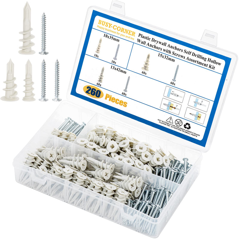 [Australia - AusPower] - 260 PCS Self Drilling Drywall Anchors, 3 Sizes Nylon Plastic Wall Anchors with Screws for Drywall, No Pre Drill Hole Preparation Required, 10x35mm, 13x42mm, 15x32mm 