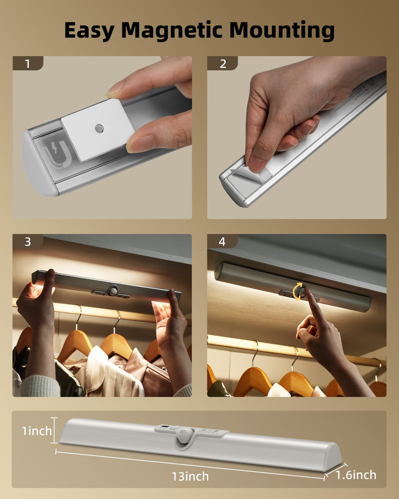 [Australia - AusPower] - EZVALO 13inch Motion Sensor Closet Lights, 2 Pack Rechargeable LED Lights with Rotatable Sensor, Glare-Free, 3 Color Temps & Dimmable, Magnetic Cabinet Lighting for Closet, Pantry, Stairs 