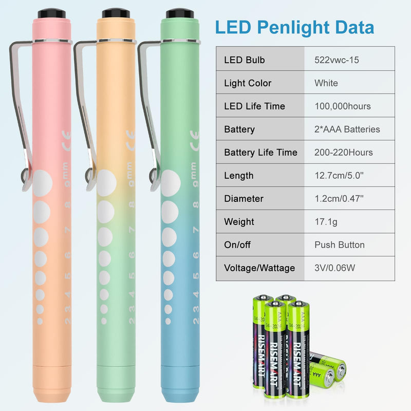 [Australia - AusPower] - 3 Pack Pen Lights for Nurses with 6 Batteries - Reusable Pen Light with Pupil Gauge and Ruler, Nurse Accessories for Work, Medical Penlights for Nursing Student Doctors EMT CNA (Pink+Yellow+Green) Pink+Yellow+Green 