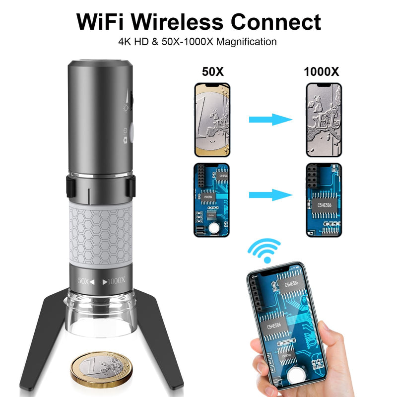 [Australia - AusPower] - Cainda 4K 3840x2160p WiFi Digital Microscope for iPhone/Android Phone and Windows Mac PC, Wireless Handheld Microscope Camera, Portable Microscope with Metal Stand for Adults and Kids WiFi Microscope with Stand 