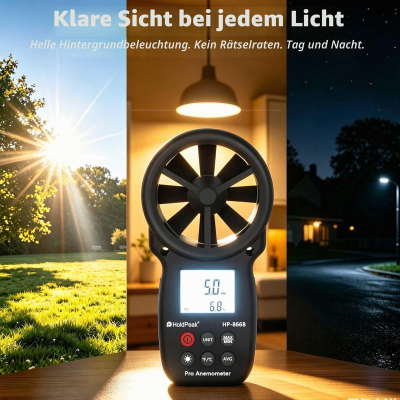 Anemometer Wind Gauge, Digital Wind Speed Meter, Wind Speed/Wind Cooling, ℃/℉, Max/Min/Average/Real-time Measurement with LCD Backlight