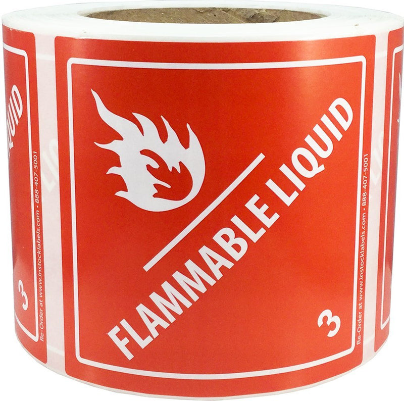 Hazard Class 3 D.O.T. Flammable Liquid Labels, 4 x 4 Inch Square Red and White Hazmat Stickers, 500 Total Adhesive Shipping Labels on a Roll – Made in the USA