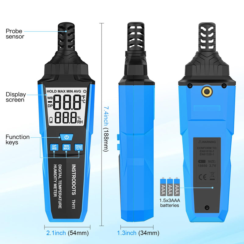 Temperature Humidity Meter, High Precision Digital Hygrometer with Ambient, Dew Point, Wet Bulb Temperature for Indoor Outdoor, Thermometer with Min/Max, Data Hold, LCD Backlight, TH11 Blue