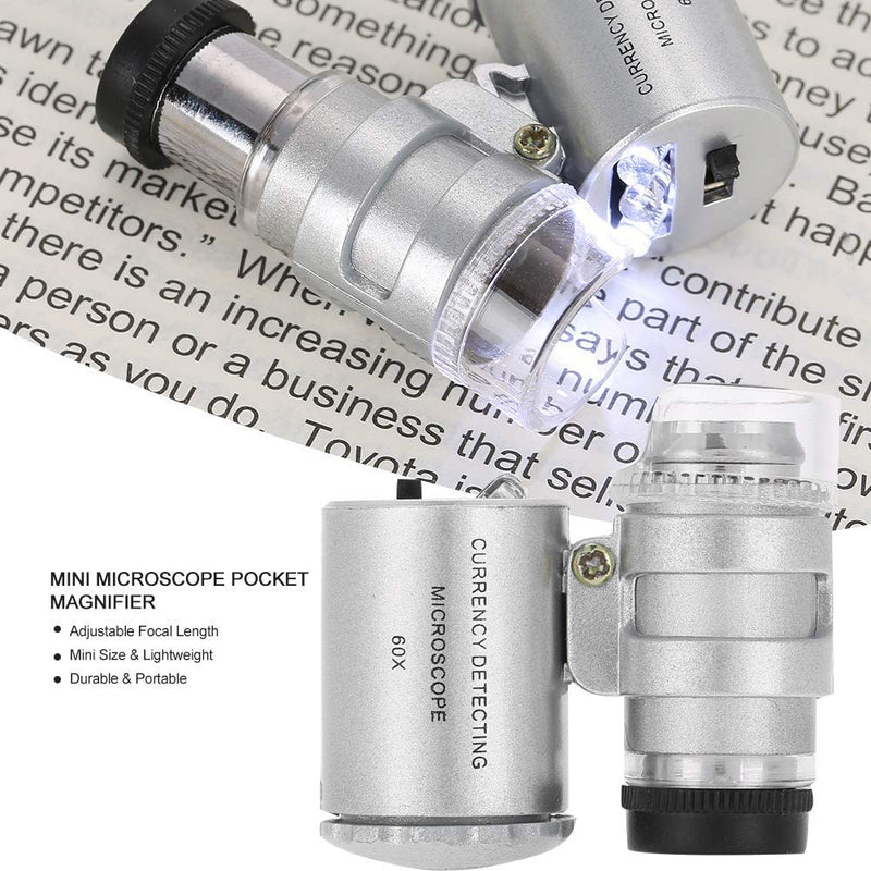 [Australia - AusPower] - FILFEEL 60x Mini Microscope, Pocket Magnifying Glass with LED and UV Light Function for Detection of Counterfeit Currencies and for Use in Jewellery Shops 