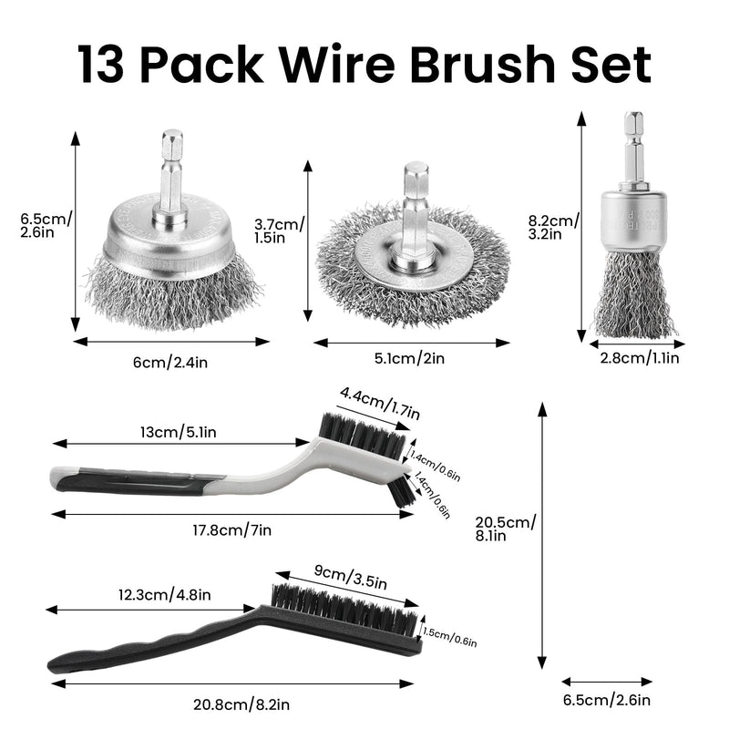 [Australia - AusPower] - 13 Pack Carbon Steel Wire Wheel Brush Set, Wire Brush for Drill, Nylon/Brass/Stainless Steel Bristles Cleaning Supplies Tools Brush for Cleaning Rust, Dirt, Paint Scrubbing, Kitchen, Home 