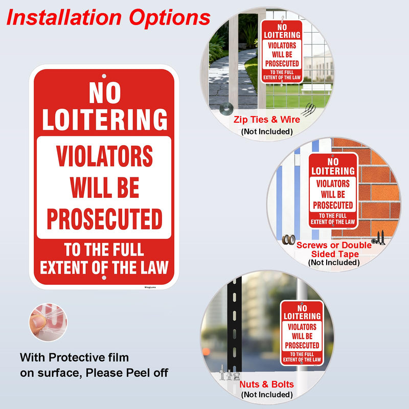 2 Pack No Loitering Signs, 18 x 12 Inch Violators Will Be Prosecuted Sign, No Loitering To The Full Extent Of The Law, Reflective Rust-Free Aluminum, UV Protected Weatherproof for Home & Business.
