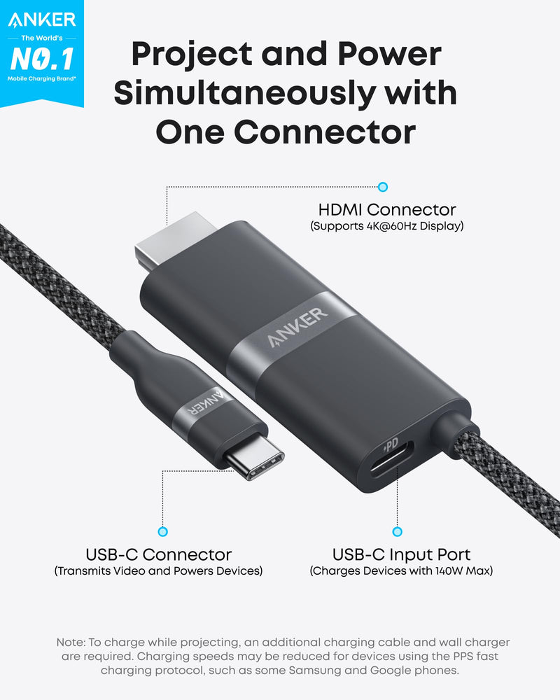 Anker Nano USB C to HDMI Cable Adapter with 140W PD Fast Charging Port, 4K@60Hz,Sustainable with Advanced Shielding, Thunderbolt 5/4/3 Compatible, for MacBook, iPhone, HD TV (6FT,Black) 6FT