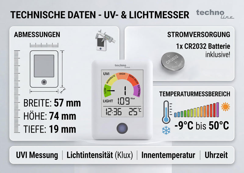 technoline WS9320 UV Radiation Monitor with UV Index and Light Meter, Real Time UV Measurement Every 60 Seconds, Indoor Temperature and Time, UV Warner with Color Scale, Light Intensity Meter up to