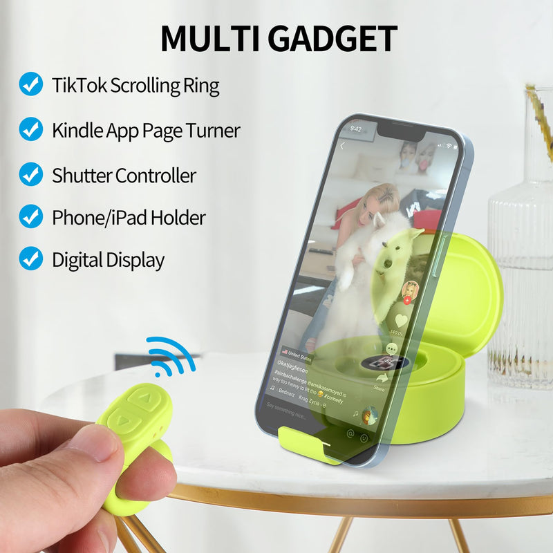 [Australia - AusPower] - Upgrade TikTok Ring, Kindle Holder with Remote Page Turner, TIK Tok Scrolling Ring, Bluetooth Camera for iPhone, iPad, iOS Android Cell Phone-Green Green 