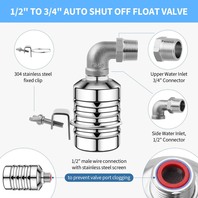 [Australia - AusPower] - 2Pcs Water Float Valve for Water Tank, Aquapulse Automatic Water System, Fully Automatic Water Shut Off Valve, 1/2'' to 3/4'' 304 Stainless Steel Float Valve for Water Tower, Pool, Livestock Troughs. 2Pcs 
