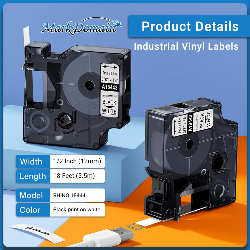 [Australia - AusPower] - 18444 Rhino 4200 Label Tape 1/2 Compatible with Dymo Rhino Permanen Vinyl Tape 12mm A18444 Work for Dymo 5200 4200 5000 6000 Rhinopro Industrial Label Maker Refills, 1/2" x 18', 5-Pack Black on White 1/2'' 