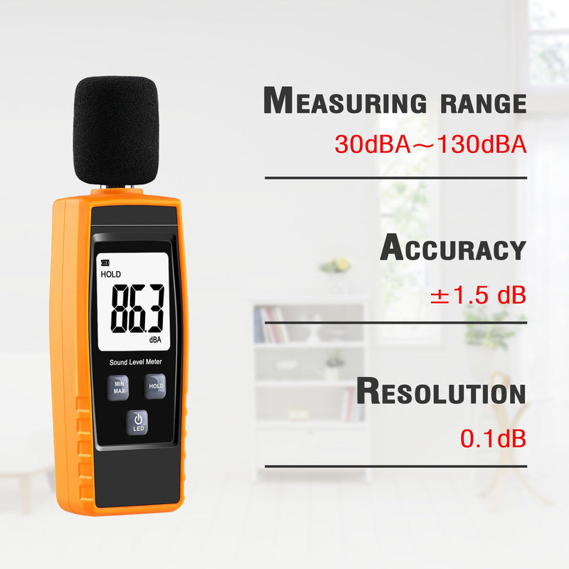 Handheld Sound Level Meter 30~130dB Decibel Noise Meter with Backlight Digital LCD Display for Indoor Outdoor Max/Min/Hold Function Black & Yellow
