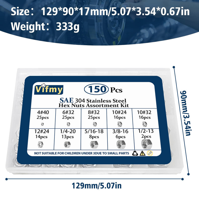 [Australia - AusPower] - 150pcs SAE Hex Nuts Assortment Kit,4#40 6#32 8#32 10#24 10#32 12#24 1/4-20 5/16-18 3/8-16 1/2-13 Hardware Nuts Sets,304 Stainless Steel SAE 150 Pack 