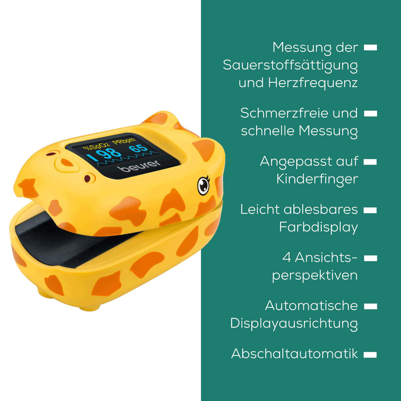 Beurer PO 13 Kids Finger Pulse Oximeter for Kids, Pulse and Oxygen Saturation Measurement in Seconds, Small Size, Automatic Display Alignment, with Belt Bag