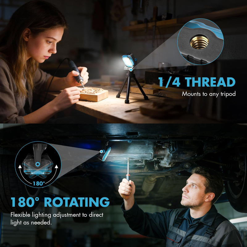 2 Pack Rechargeable Work Light, 1100LM Magnetic Light with Strong Magnet & Hook, IP65 Waterproof, 2.8oz Portable LED Work Light for Car Repair, Job Site Lighting, Emergency(Blue) 2 Pack Blue