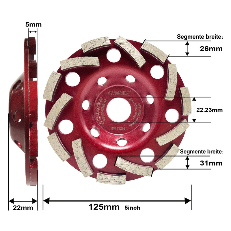 Diamond Cup Wheel 125 mm x 22.23 mm, Concrete Grinder Extra Speed | Cup Wheel 125 mm for Concrete, Stone, Natural Stone, Tile Adhesive, Granite, Masonry, Diamond Concrete Grinding Wheel, Stone Grinding Wheel 125 mm (Hooked Tooth)