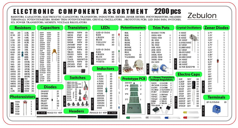 2200 pcs Electronic Component Assortment Kit, Capacitors, Resistors, Transistors, Inductors, Diodes, Potentiometer, IC, LED and PCB