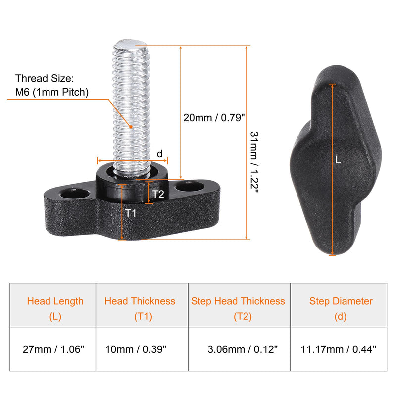 [Australia - AusPower] - 10pcs Tee Wing Knobs Thumb Screws M6 x 20mm Male Thread 27mm Plastic Head T Knobs Adjustable Handles Hand Clamping Knobs Grip Thumbscrew, Black 