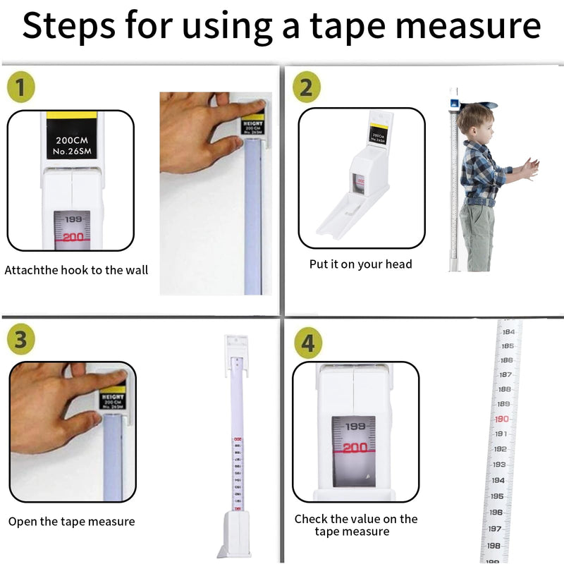 Altimeter, 200 cm Compact Wall Stadiometer for Wall Mounting, Height Ruler, Household, Children, Adults, Role, Rule, Height Measurement, Retraction Strap (White)