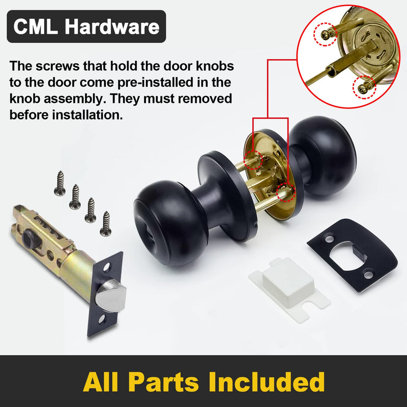 CML Hardware (2 Pack) Privacy Door Knob for Bedroom and Bathroom, Stainless Steel Keyless Door Locks for Bed/Bath, Round Ball Handle, Matte Black 2 Pack