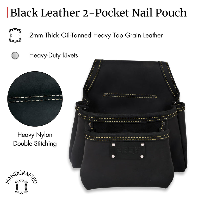 FESA 2 Pocket Nail Pouch for Tool Belts - Leather Screw Pouch with 2 Extra Large Pockets for Fasteners - Heavy Duty Rivets & Stitching - Fits Tool Belts up to 3" - Handcrafted Black