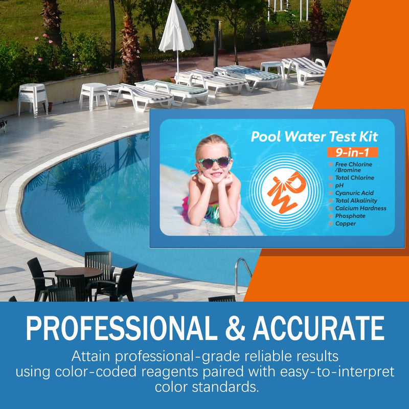 [Australia - AusPower] - 9 Way Pool Test Kit - Hot Tub and Spa Water Chemical Test Kit for pH & Total Chlorine & Free Chlorine & Bromine & Total Alkalinity & Calcium Hardness & Cyanuric Acid & Copper & Phosphate 9 in 1 Pool Test Kit 