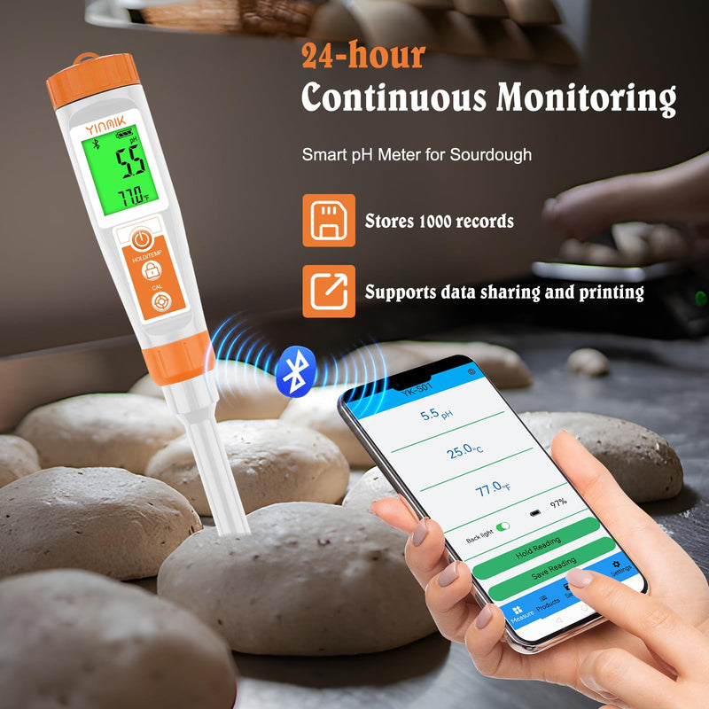 Smart pH Meter for Food - Digital pH Tester with All Accessories | YINMIK Lab pH Meter | pH Thermometer for Food | Professional pH Reader for Hot Sauce, Dough, Cosmetic, Fermentation, Kombucha, Wine