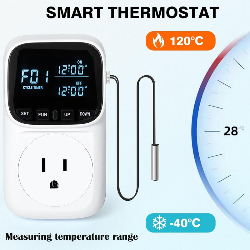 [Australia - AusPower] - KABASI Digital Temperature Controller, Heavy Duty 15A/ 1800W Thermostat Outlet with Sensor, Heating Cooling Control Timer Plug Socket for Greenhouse Refrigerator Terrarium Aquarium, -104℉~210℉ 
