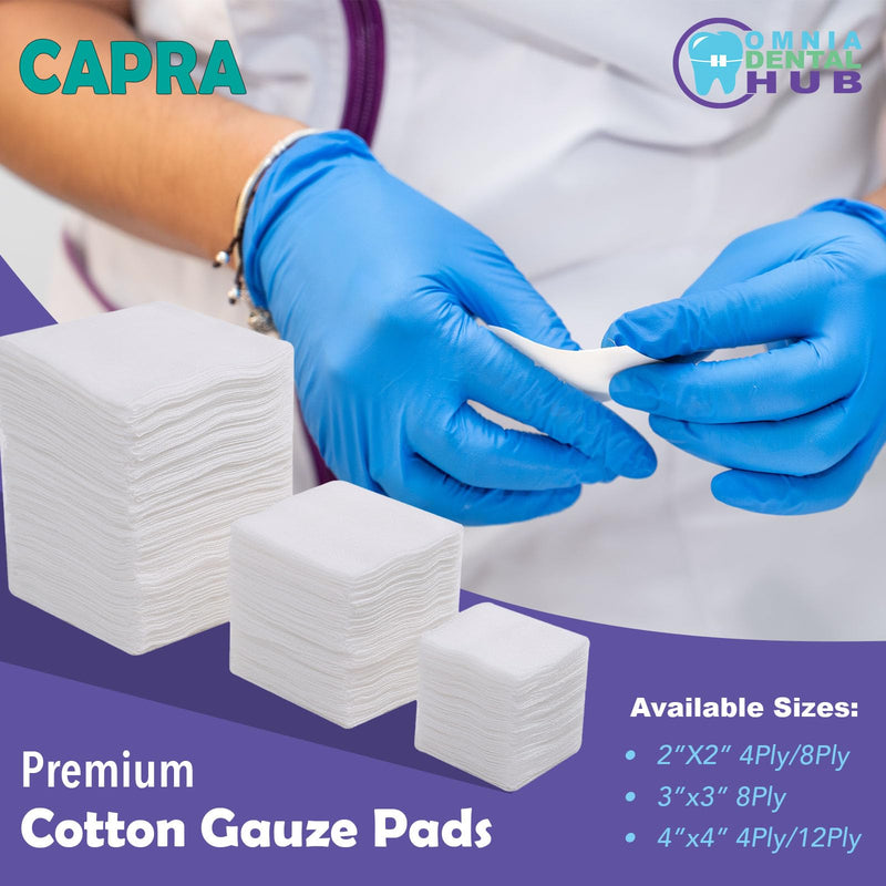 [Australia - AusPower] - 200 PCs Capra Premium Cotton 4-Ply 4" x 4" Gauze Pads by Omnia ONE | 100% Pure Cotton – Soft, Absorbent, Non-Sterile – Ideal for Wound Care, Dental, Medical, and Cosmetic Use 4x4-4Ply 200 