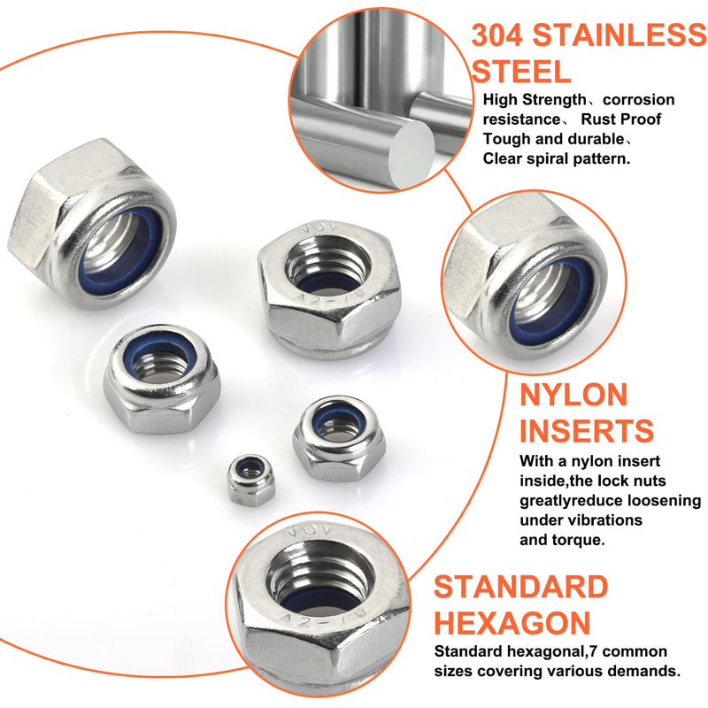 [Australia - AusPower] - Locknuts Assortment Kit - M3 M4 M5 M6 M8 M10 M12 Metric Nylon Insert Lock Nuts Set,140PCS Lock Nuts,304 Stainless Steel Metric Locknuts Assortment 140PCS 
