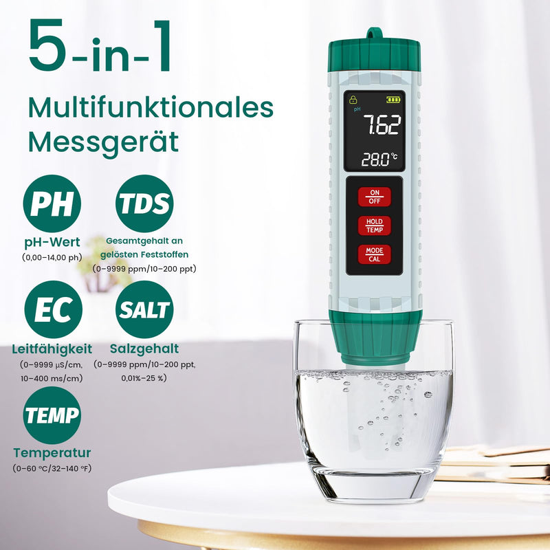 [Australia - AusPower] - PlayDen PH Meter Water, PH/TDS/EC/Salinity/Thermometer 5 in 1 pH Value Meter with LCD Display, Automatic Temperature Compensation pH Pool Tester, High Precision Drinking Water Tester 