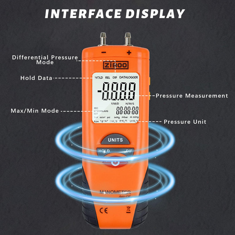 ZIBOO ET1013 Digital Manometer, Air and Gas Pressure Tester, Differential Dual Port Pressure Gauge, Large LCD Display with Backlight,HVAC Gas Pressure Tester ZIBOO ET1013