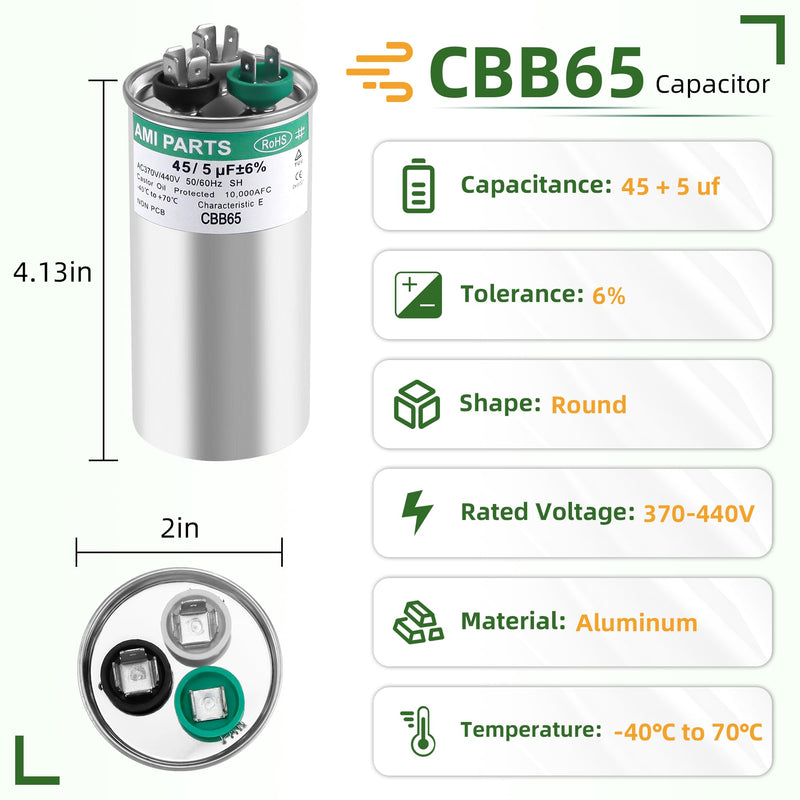 [Australia - AusPower] - CBB65B 45+5 MFD 45/5 uF 370/440V A/C Capacitor Round Dual Run Capacitor Replace for 97F9895 Z97F995,for Heat Pump?Condenser Fan?Air Conditioner Capacitor?HVAC Capacitor-5 Years Warranty 45+5MFD 
