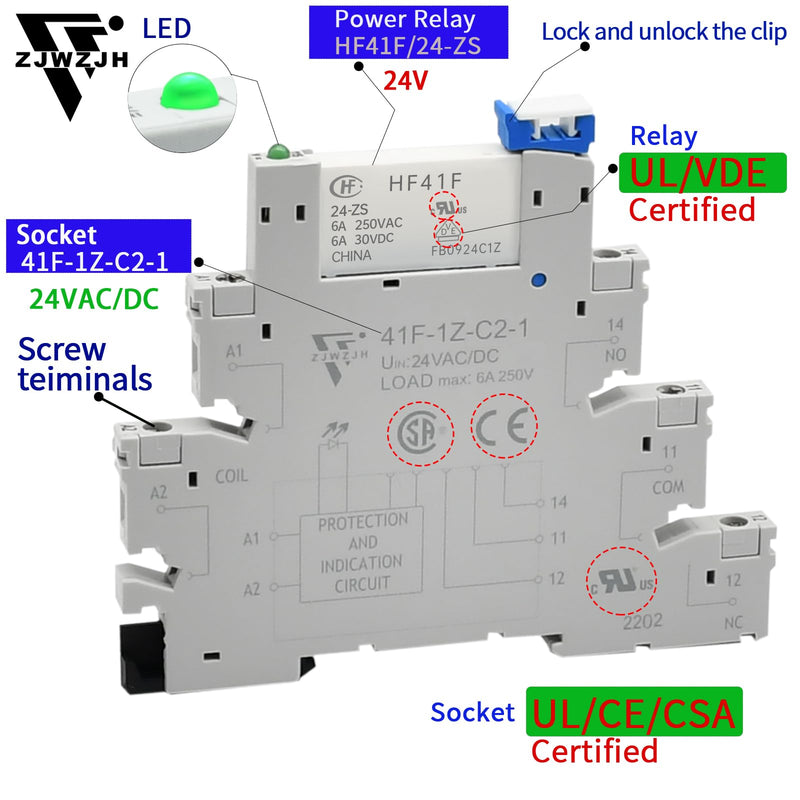 [Australia - AusPower] - 10Pcs Miniature Electromagnetic Relay 24V Coil DC/AC; Signal Relay for PLC; HF41F/24-ZS 1NO 1NC 6Amp SPDT with Jumper, Separator, 24V Relay Din Rail, UL Certification 10 PCS +24VDC/AC 