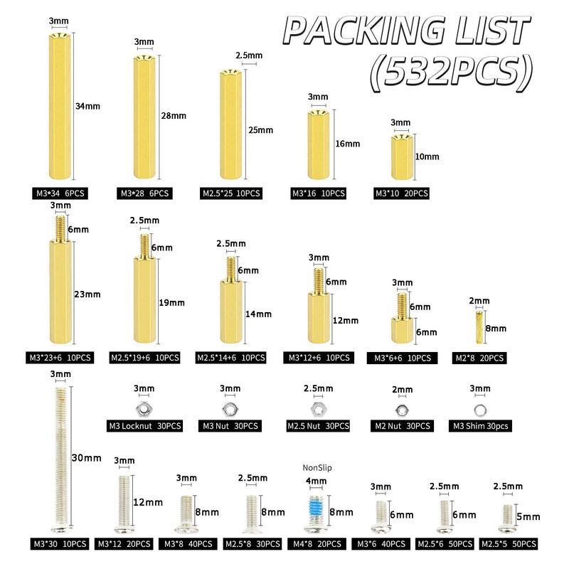[Australia - AusPower] - 532 Pieces M3 M2.5 M2 Hexagonal Brass Male to Female/Female to Female Bracket, Screw Copper Pillar 532 Pieces Stainless Steel Round Head/Flat Head Machine Screws/Nuts 