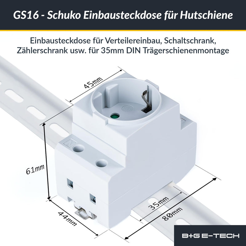 Schuko Socket [GS16] for DIN Rail 16A 230V 2P+E - Built-in Socket for Distribution Installation, Control Cabinet Meter Cabinet Protective Contact Socket for 35 mm DIN Carrier Rail Mounting (Grey) gray 1 pack