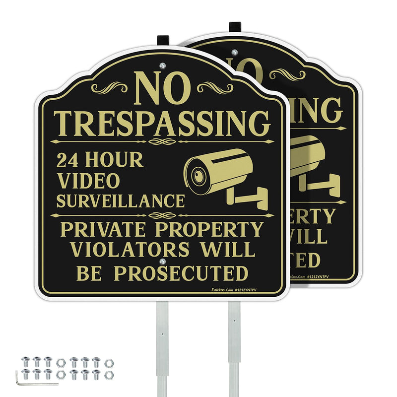 Faittoo No Trespassing Signs Private Property Video Surveillance Sign with 42" Stake, 2-Pack 12"x12" Rust Free Aluminum, Reflective, 2 Pre-drilled Holes, Includes Matching Screws & Wren Black Gold with 42" Stake- 2 Pack