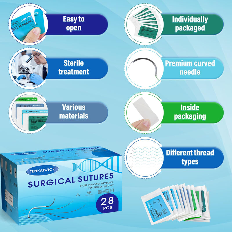 [Australia - AusPower] - 28 Packs Sutures Thread with Needle,Mixed Sutures, Training Threads(0,2/0,3/0,4/0,5/0,6/0,7/0) for Practicing Suturing can be Used for Suture Pads, Fruit peels,4 Material 28 