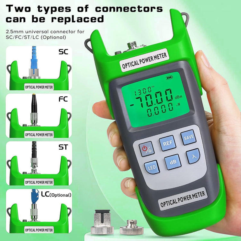 [Australia - AusPower] - Fiber Optical Power Meter with SC FC Connector, -70~10dBm, 10 Optic Wave Length, Optic Test Equipment for CCTV Communication Engineering (Green) Green 1 