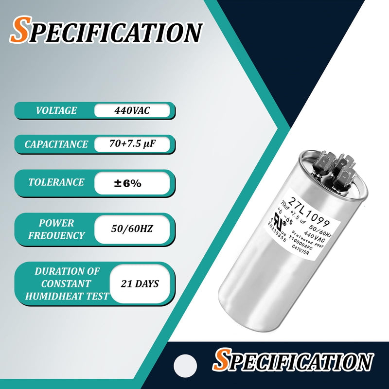 [Australia - AusPower] - P291-7074R 27L1099 Capacitor 70+7.5uf 440VAC Helps Motor Start Stably Explosion-Proof 