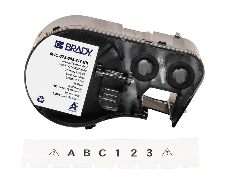 Brady Authentic (M4C-375-595-WT-BK) All-Weather Vinyl Labels 0.375 in W x 25ft Black on White. for use with BMP41, BMP51, M410, M510, and M511 Label Printers.