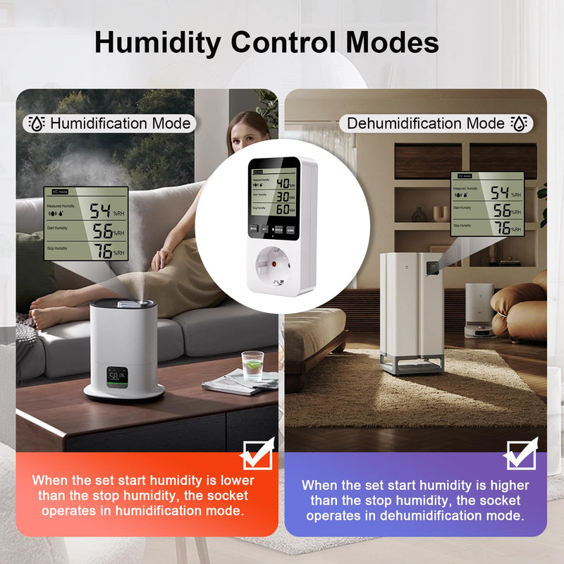 Hygrostat Socket with Sensor, Humidity Regulator / Temperature Controller Socket Humidity Controller with Alarm, Humidity Controller 16 A 230 V for Humidifier Dehumidifier Mushroom Terrarium