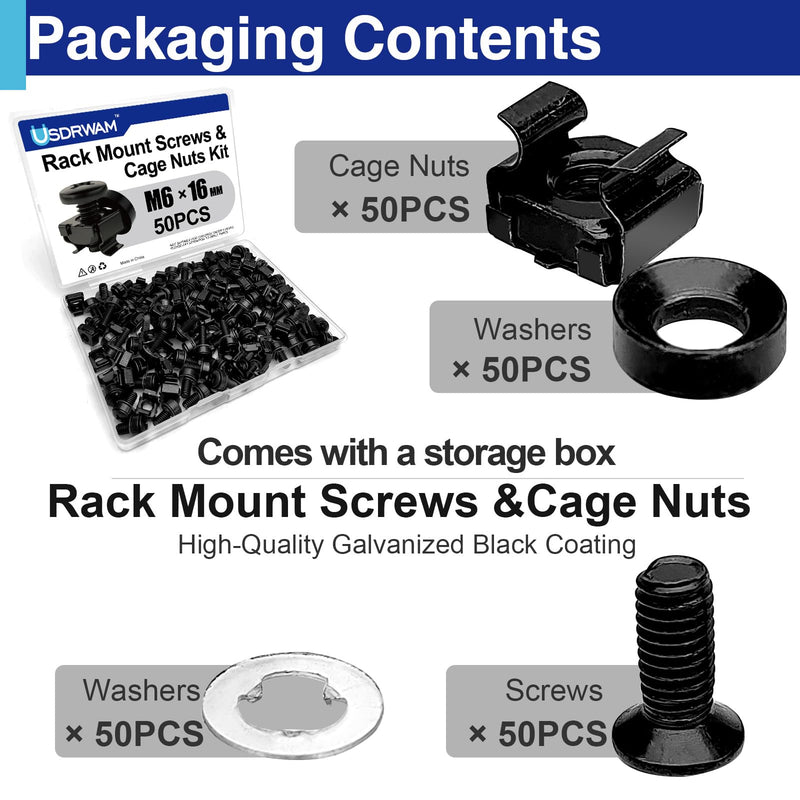 [Australia - AusPower] - 50 Pack M6 x 16mm Rack Mount Cage Nuts, Screws and Nylon Washers Stainless Steel Black Zinc Plating, Compatible with 19"/10" Server Racks, Cabinets, Routers, A/V and Network Enclosures 50Pack M6x16mm 