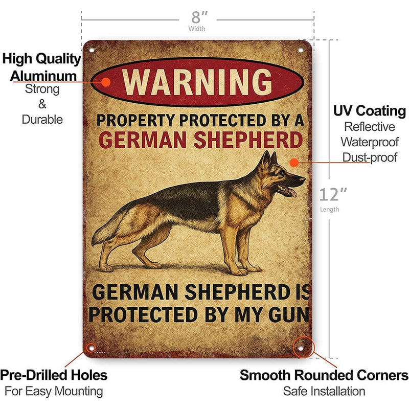German Shepherd Warning Sign - Property Protected by Gun - Rustic Decorative Wall Art - 12x8 inch Aluminum Plaque for Home, Office, or Garage