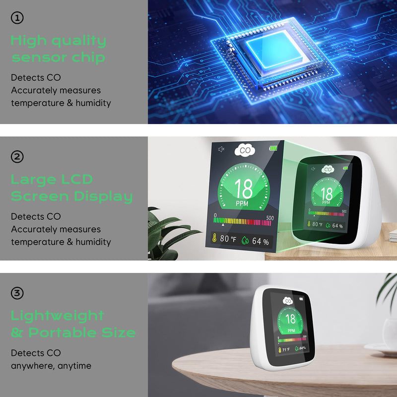 [Australia - AusPower] - Portable Carbon Monoxide Detectors for Travel,4-in-1 Indoor Air Quality Monitor, CO Detector Monitor Alarm with LCD Display Sound 120dB Warning, Carbon Monoxide with Temperature & Humidity for Home 