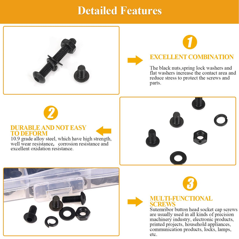 [Australia - AusPower] - 546 Pieces M3 Screws Nuts Washers Set Black, Sutemribor M3 x 6/8/12/16/20/25/30mm Button Head Socket Cap Screws Nuts Washers Assortment Kit, 10.9 Grade Alloy Steel, Fully Threaded 